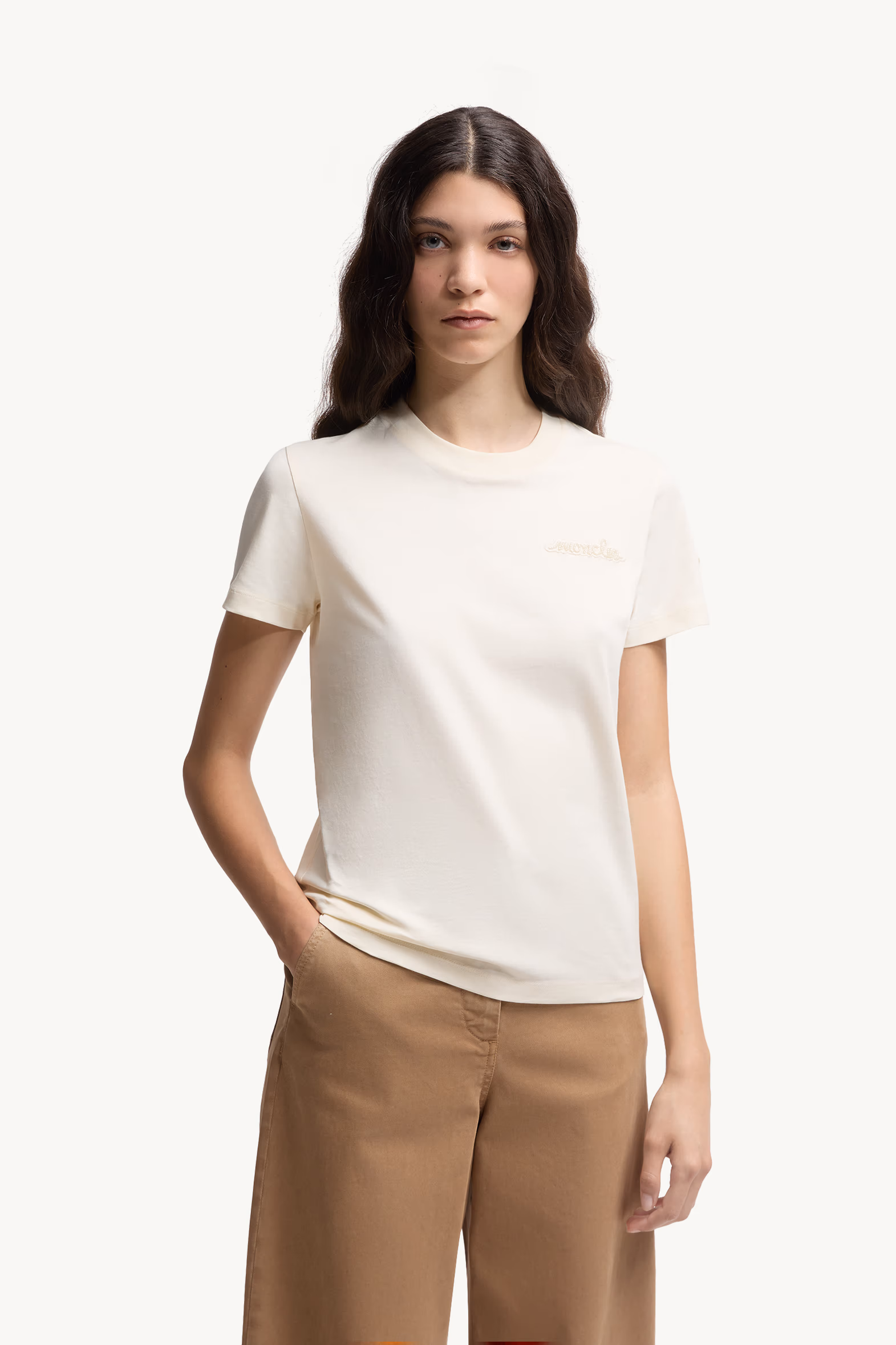 Beaded Logo Cotton T-Shirt Women White Moncler 3